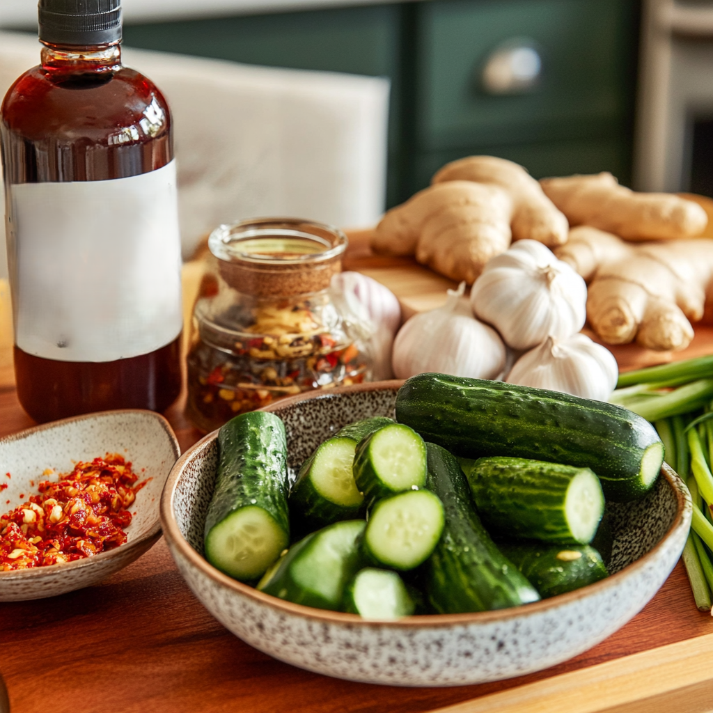 "Ingredients for cucumber kimchi, including cucumbers, garlic, ginger, gochugaru, and fish sauce, displayed on a kitchen counter."