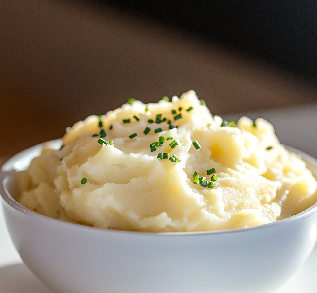 "Creamy sour cream mashed potatoes served in a white bowl garnished with fresh chives."