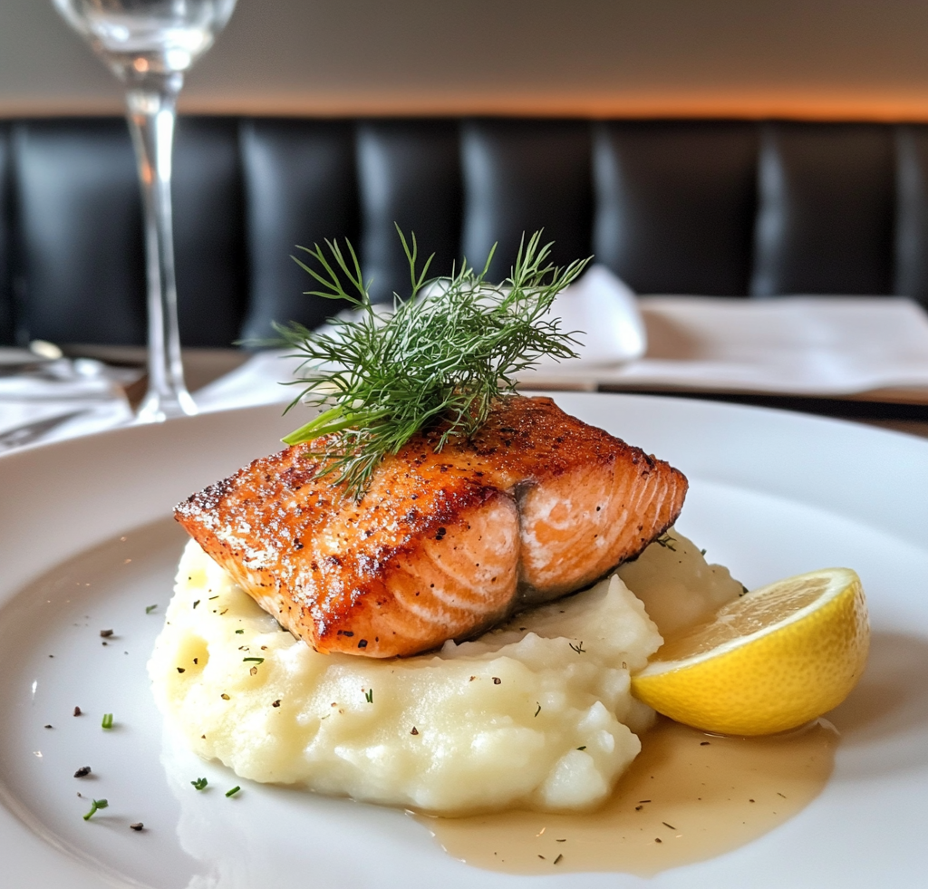 "A beautifully plated dish of mashed potatoes and salmon garnished with fresh dill and a lemon wedge."