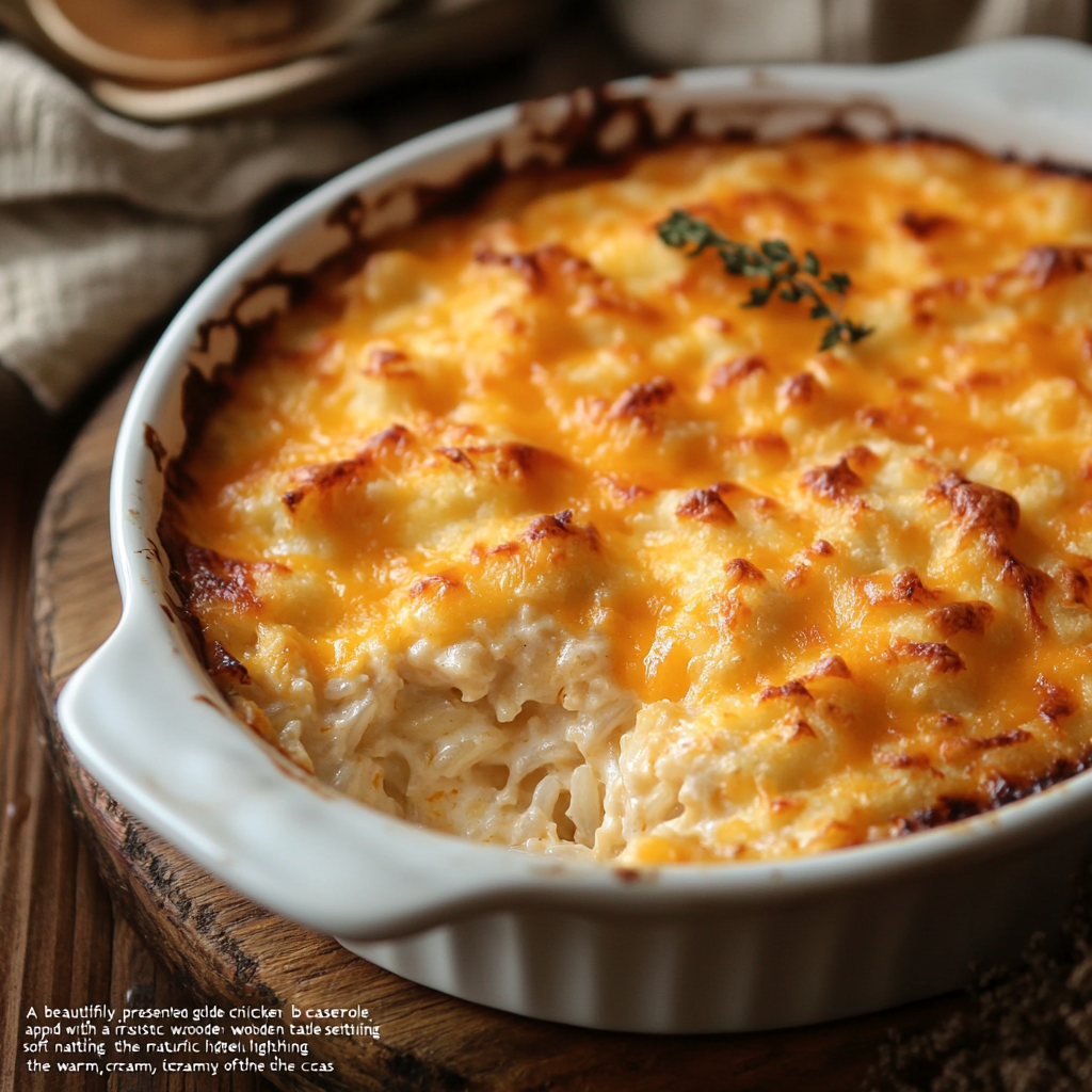 "Golden baked chicken and rice casserole topped with melted cheese, served in a white casserole dish."