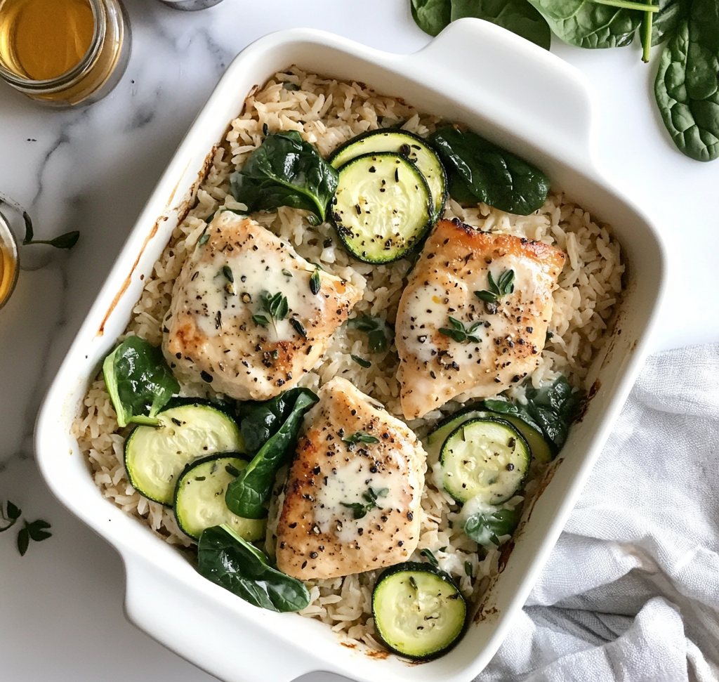 "A lighter chicken and rice casserole with brown rice, spinach, zucchini, and a creamy Greek yogurt sauce."
