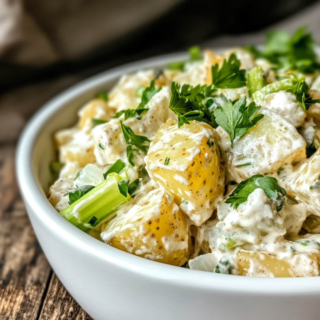 "A bowl of creamy Hellmann's potato salad garnished with fresh parsley, featuring chunks of potatoes, celery, and onion."