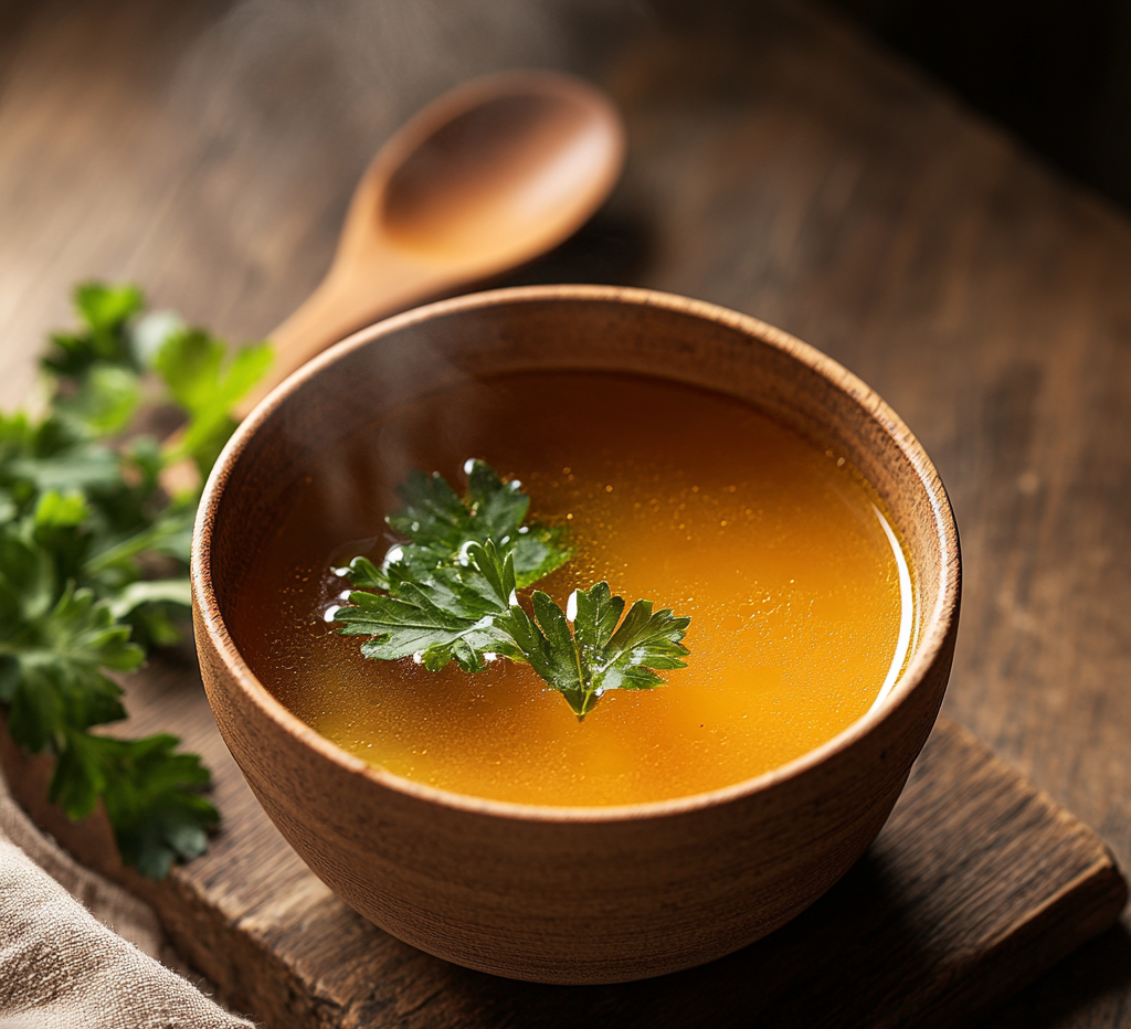 "A bowl of golden, nutrient-rich chicken bone broth garnished with fresh parsley and served with a wooden spoon."
