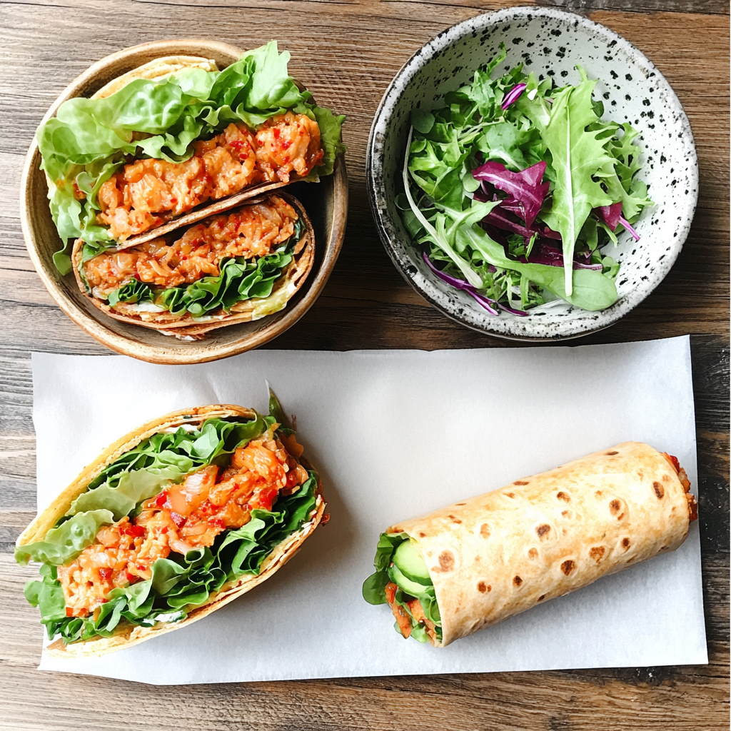 "Three versions of the kimchi tuna sandwich recipe: classic sandwich, wrap, and salad served on a plate."
