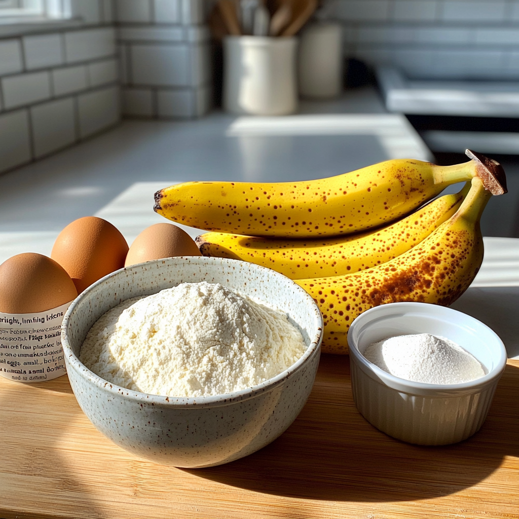 "Ingredients for Fage banana bread recipe, including ripe bananas, Fage Greek yogurt, eggs, flour, and sugar."
