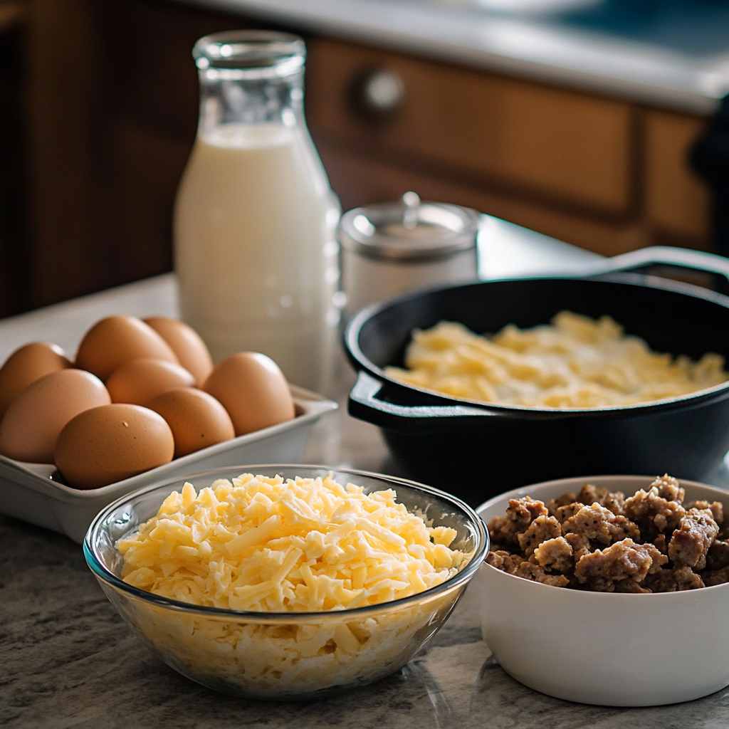 "Ingredients for Pioneer Woman Hashbrown Breakfast Casserole, including frozen hashbrowns, eggs, cheese, sausage, and milk, arranged on a countertop."
