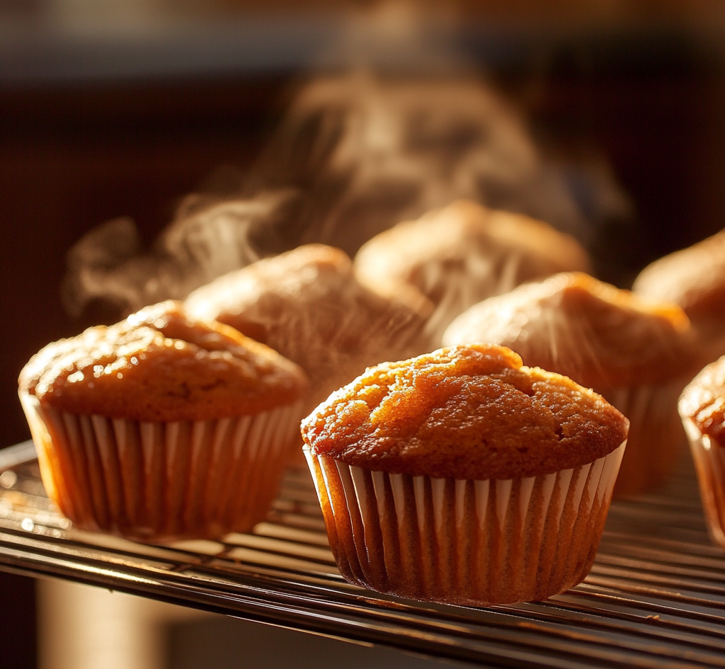 "Fluffy and golden-brown no egg muffins freshly baked on a cooling rack."