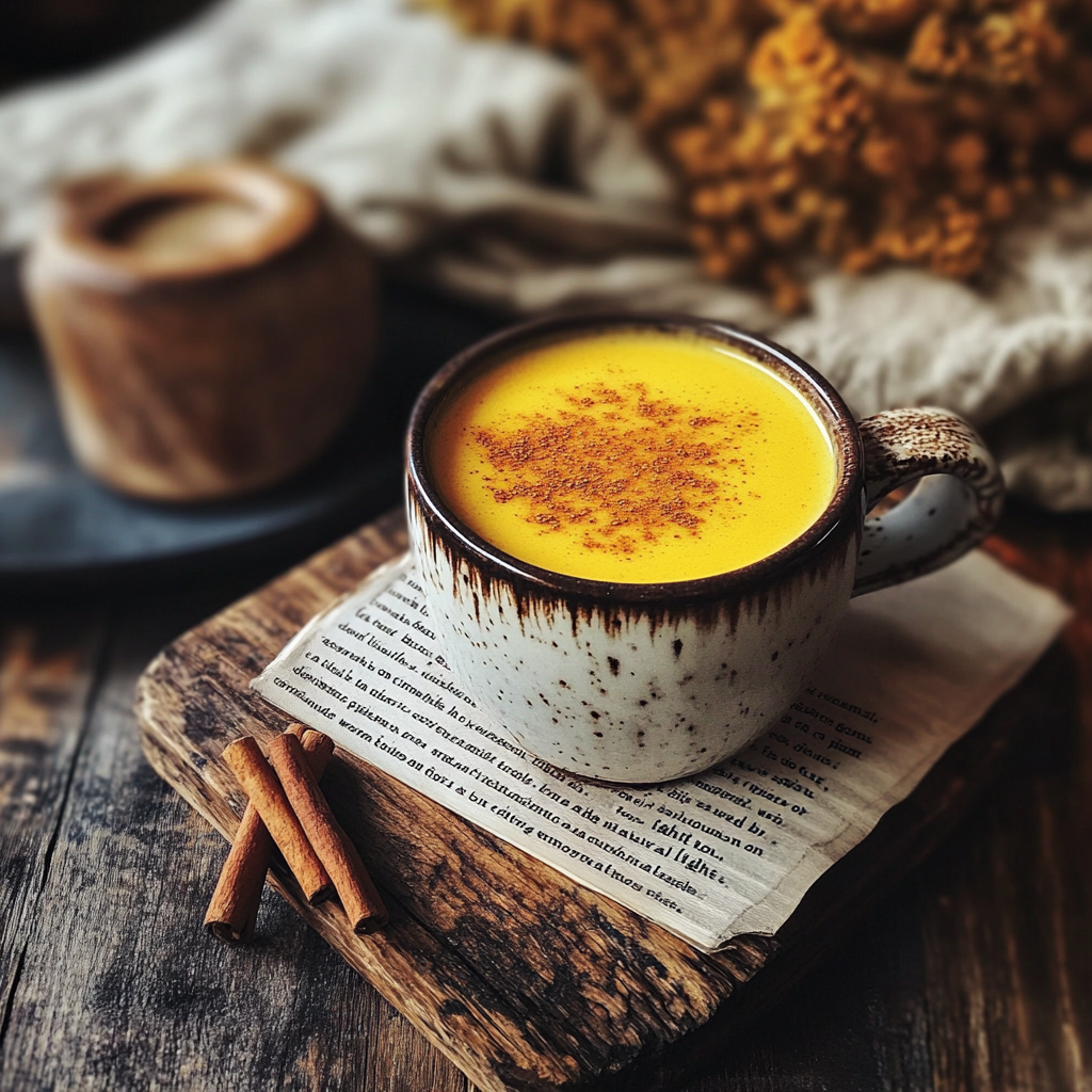 A creamy, golden turmeric latte served in a ceramic mug, garnished with a sprinkle of cinnamon.