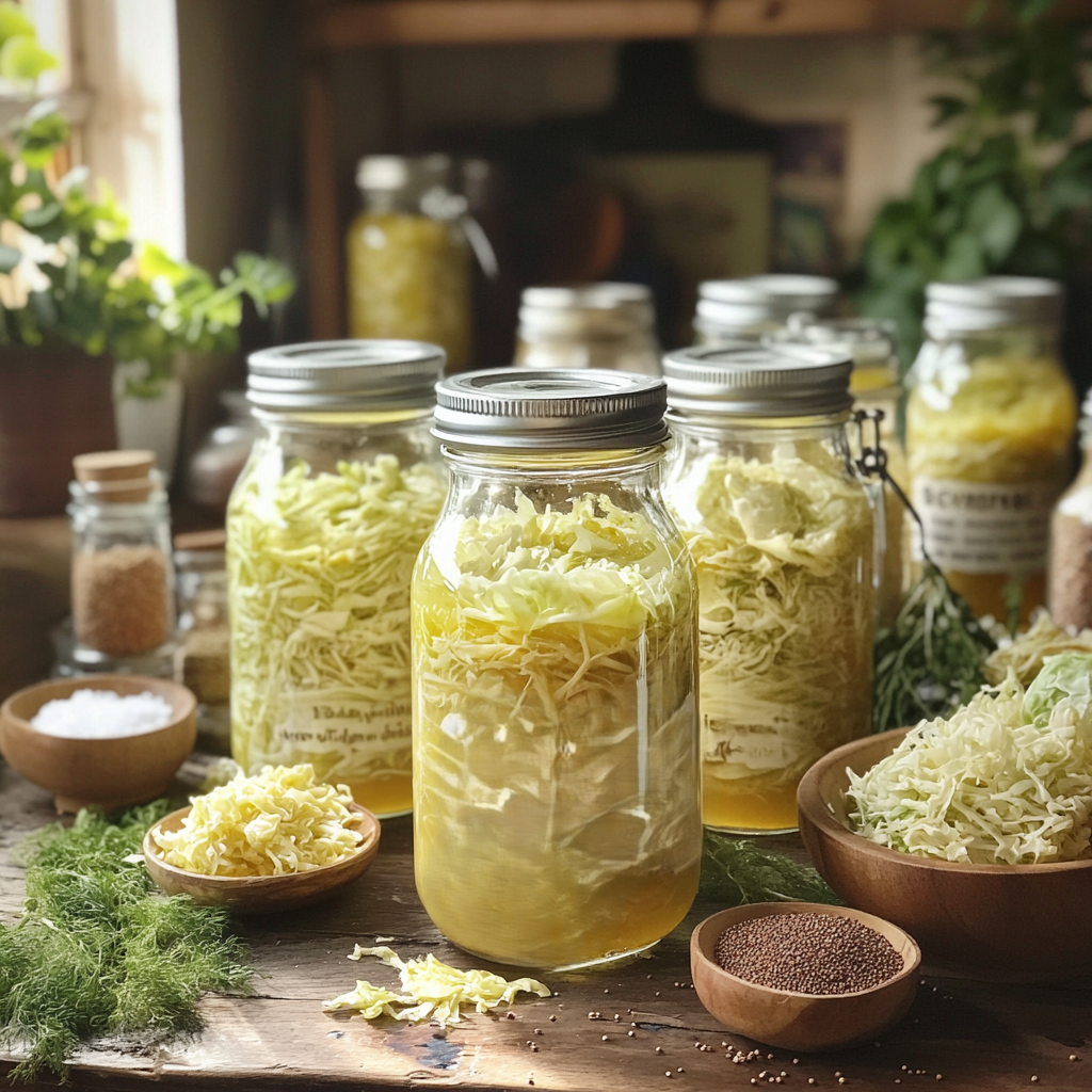 "A kitchen counter with jars of fermenting sauerkraut, caraway seeds, and salt nearby."