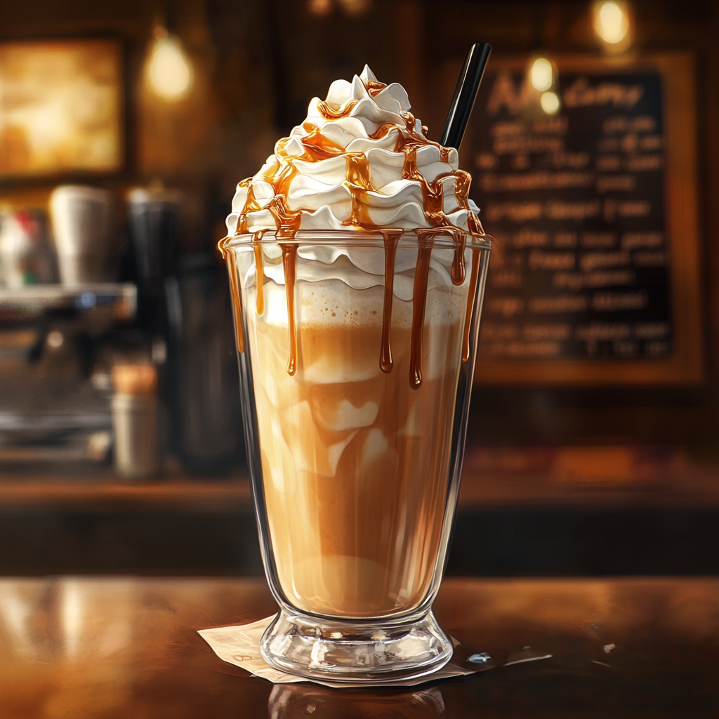 "Starbucks-inspired coffee smoothie topped with whipped cream and a drizzle of caramel, served in a classic Starbucks cup."