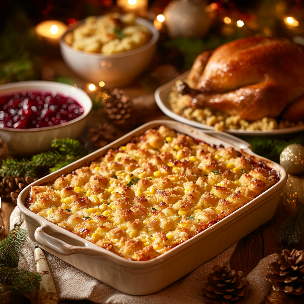 Cracker Barrel corn casserole as part of a holiday dinner spread, surrounded by turkey, stuffing, and cranberry sauce.