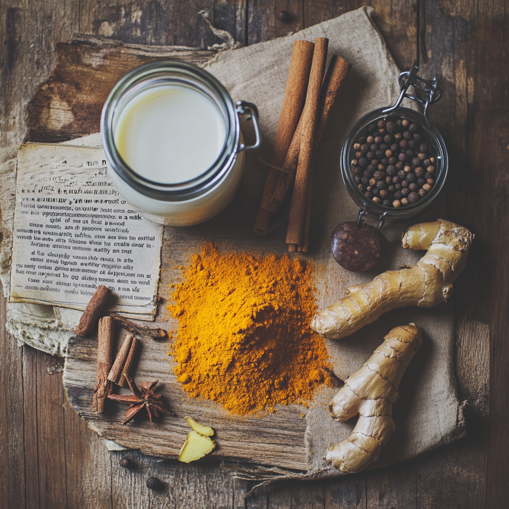 A flat-lay of ingredients: turmeric, cinnamon sticks, fresh ginger, black pepper, and milk.