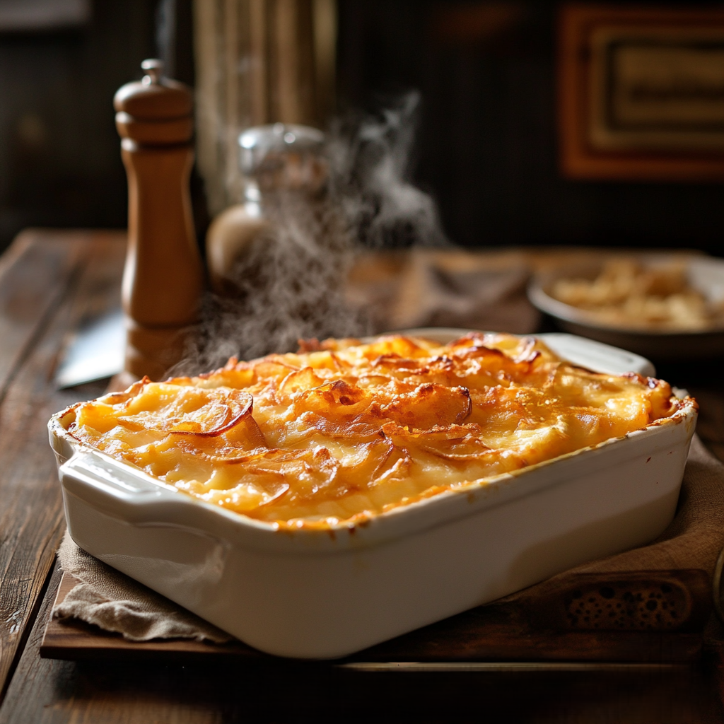 "A freshly baked hobo casserole with golden cheese and crispy onion topping."