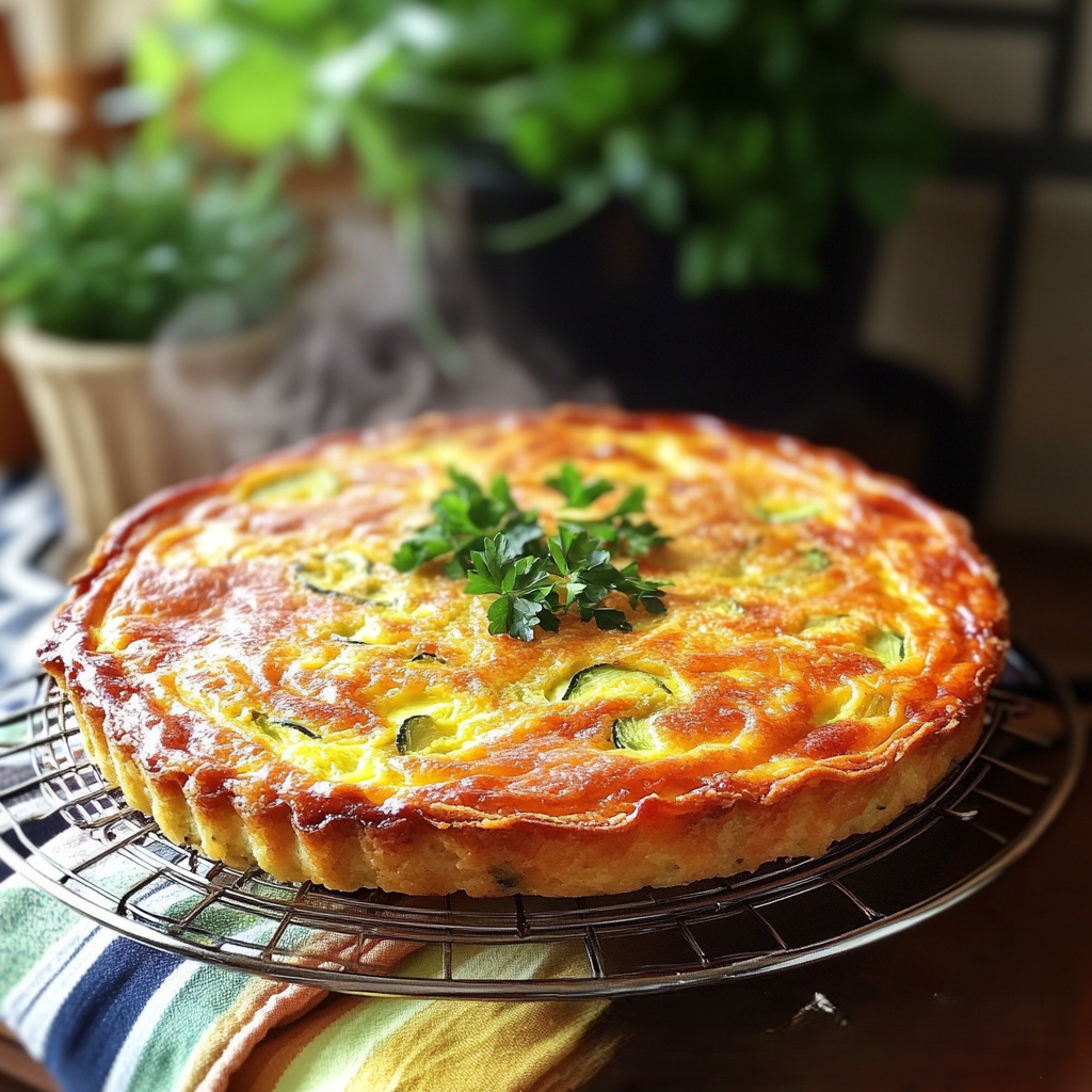 Alt Text: "A golden-brown crustless zucchini quiche resting on a cooling rack, garnished with fresh parsley."
