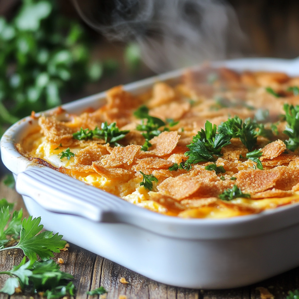 "Golden baked egg casserole topped with crispy crackers and fresh parsley in a white baking dish."