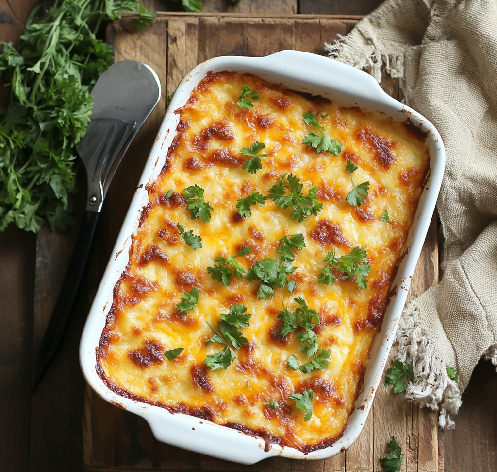 "Golden-brown Pioneer Woman Hashbrown Breakfast Casserole served in a baking dish."