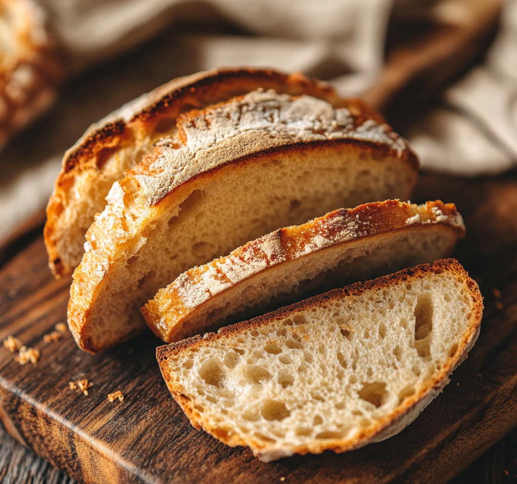 "Slices of freshly baked sourdough bread showing a soft crumb and crispy crust, made using a no-starter recipe."