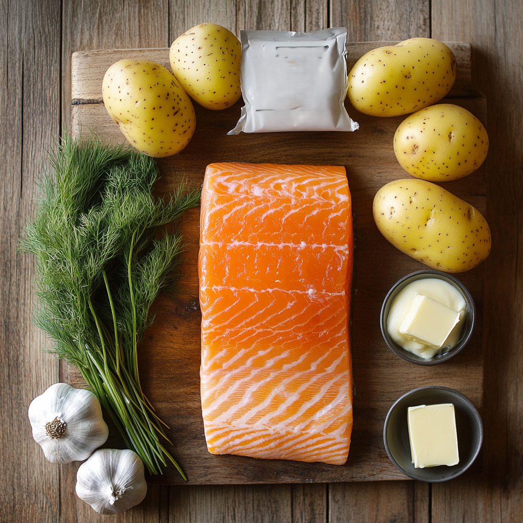 "Fresh salmon fillet, Yukon Gold potatoes, garlic, butter, cream, dill, and lemon arranged on a wooden countertop."
