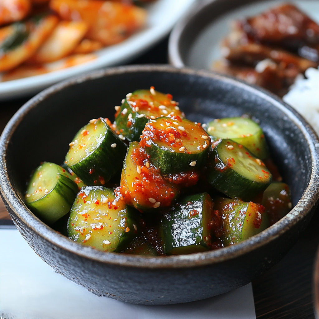 "Spicy and refreshing cucumber kimchi served in a small dish alongside a traditional Korean meal."