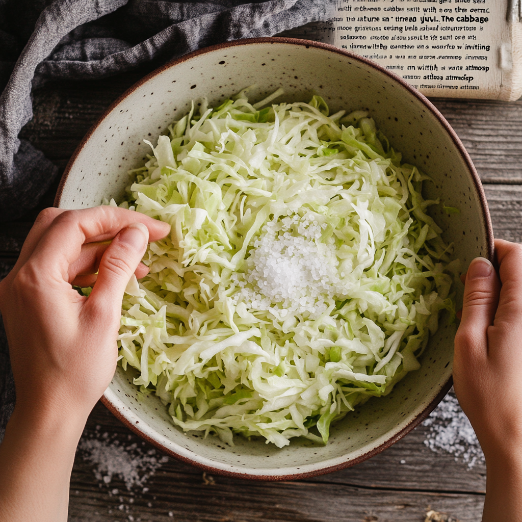 "Hands massaging shredded cabbage with sea salt to release its natural juices, a crucial step in making sauerkraut."
