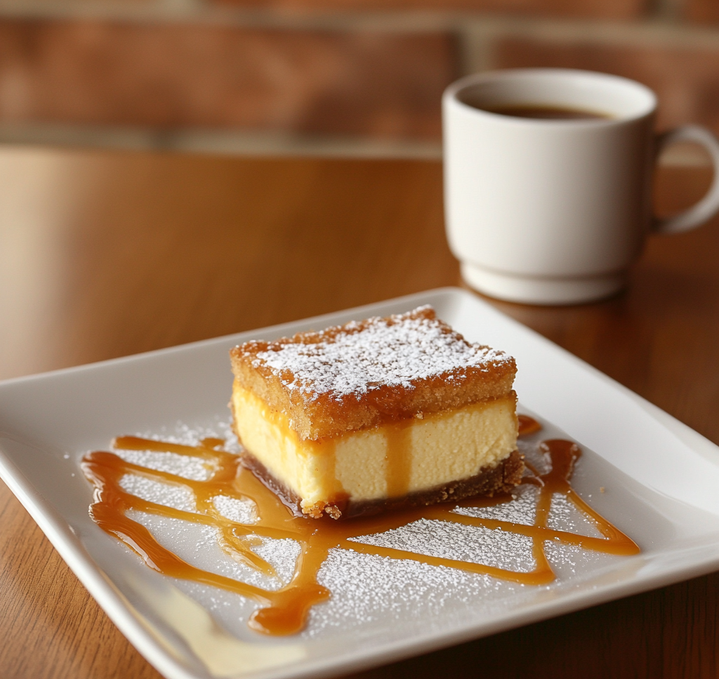 "Slices of churro cheesecake served on a white plate, drizzled with caramel sauce and sprinkled with powdered sugar."
