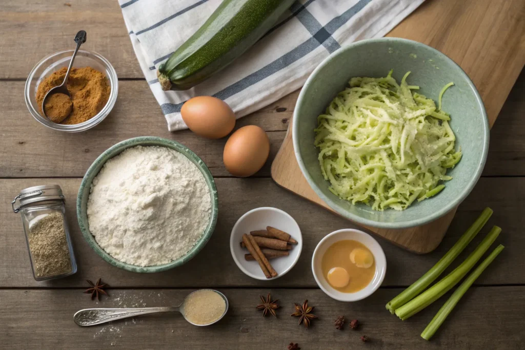 "All the ingredients for zucchini applesauce bread, including flour, zucchini, applesauce, eggs, and spices."
