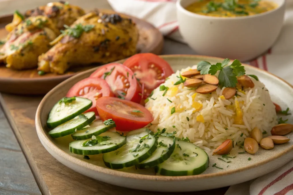 "Cucumber and tomato salad served alongside saffron chicken and rice."
