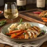 "Roasted carrots and cauliflower served alongside grilled chicken and a glass of white wine."