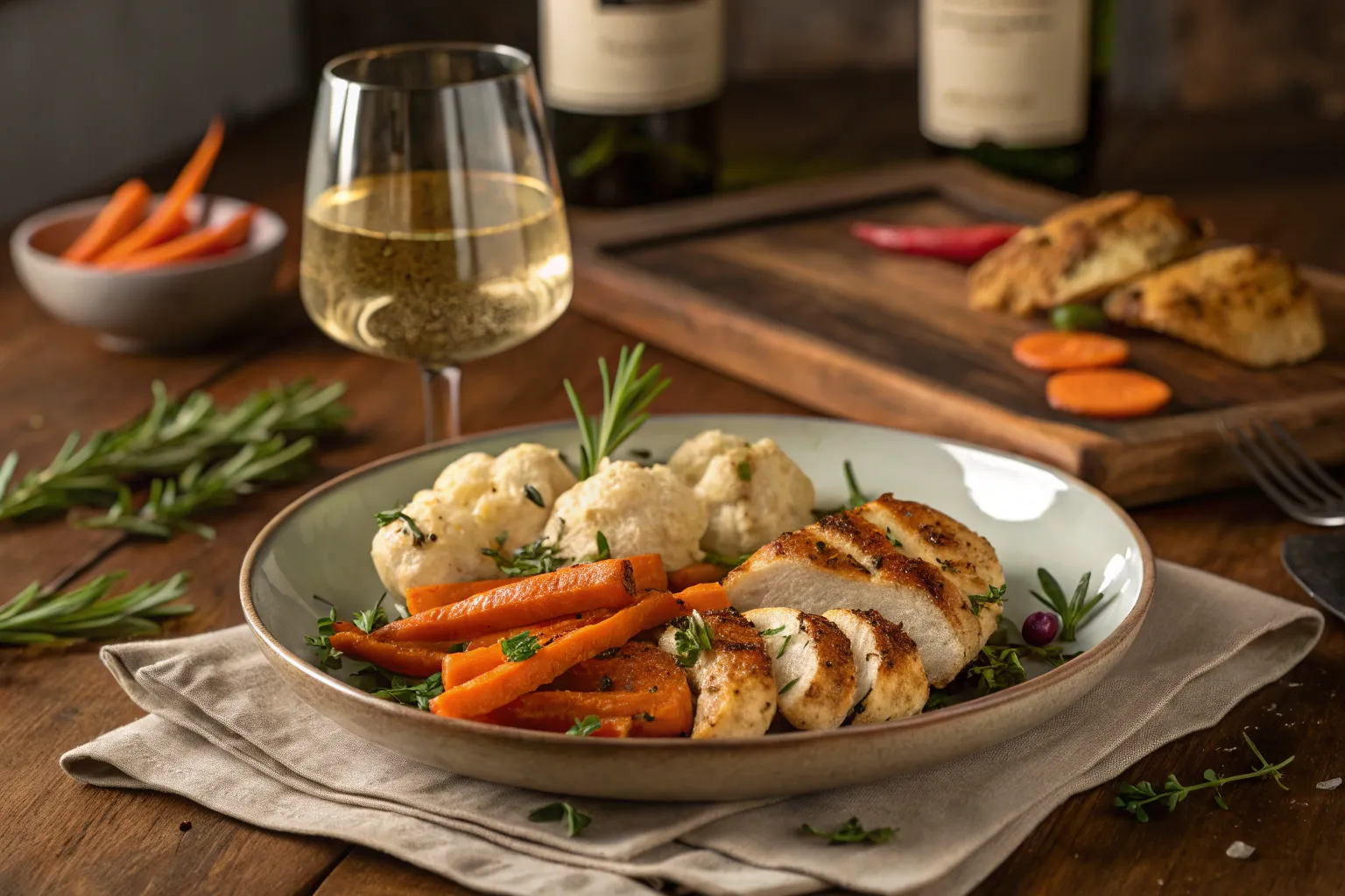 "Roasted carrots and cauliflower served alongside grilled chicken and a glass of white wine."