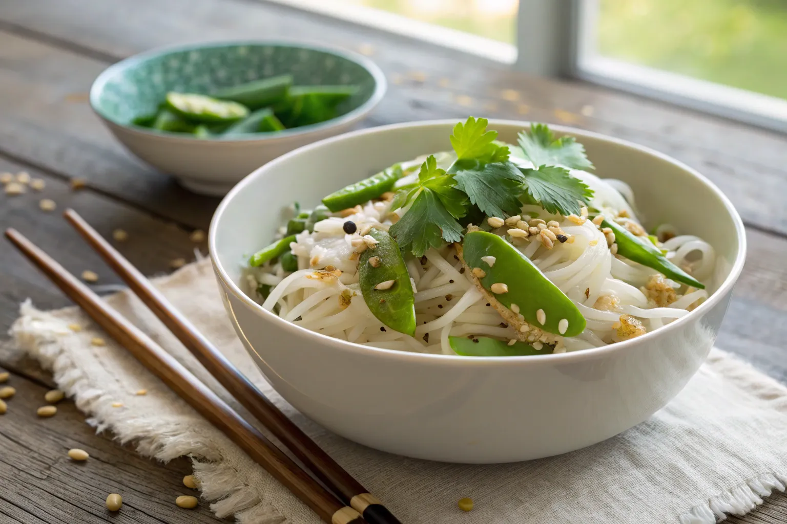 "A bowl of rice noodles with garlic and snow peas, garnished with sesame seeds and fresh herbs."