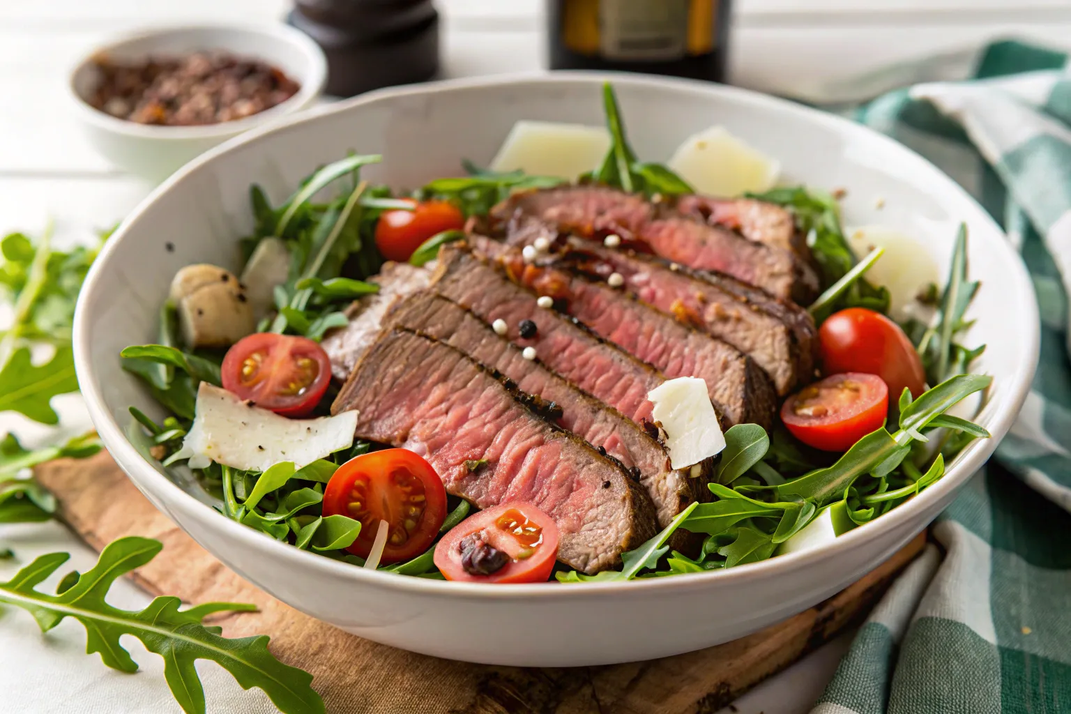 "A bowl of steak arugula salad topped with juicy steak slices, cherry tomatoes, shaved Parmesan, and balsamic dressing."