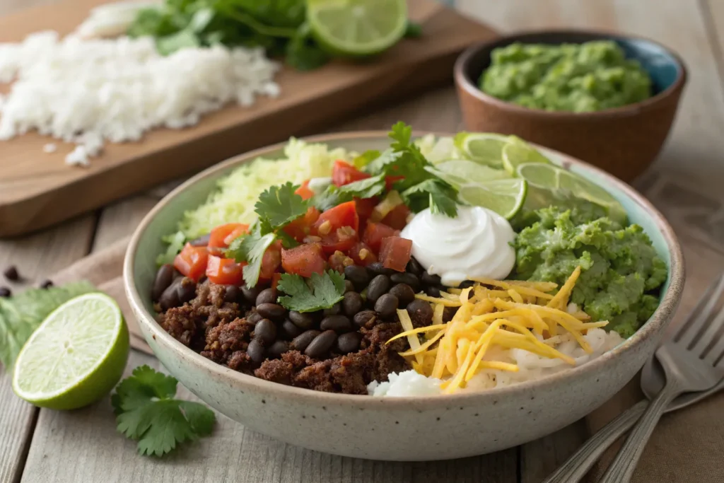 Ground beef burrito bowl with fresh toppings like lettuce, salsa, and guacamole.