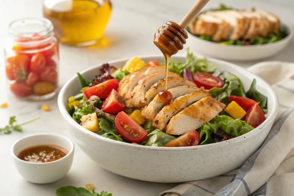 "A bowl of hot honey chicken salad with mixed greens, cherry tomatoes, sliced chicken, and a drizzle of honey glaze."