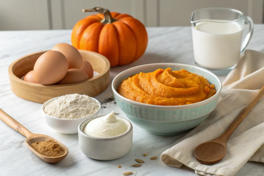 “Ingredients for protein pumpkin bread including pumpkin puree, protein powder, eggs, and Greek yogurt.”
