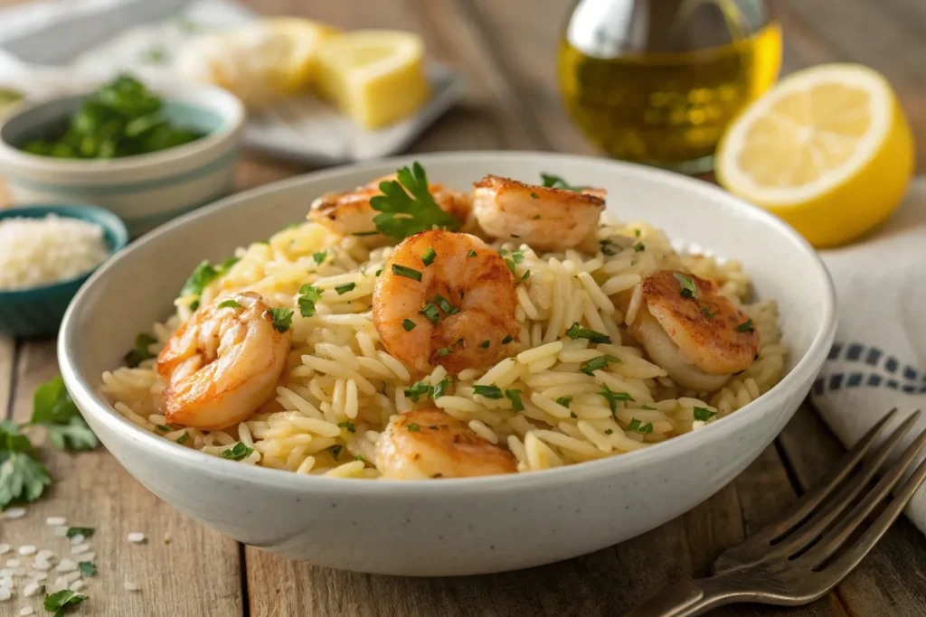 "A bowl of shrimp orzo pasta garnished with fresh parsley and lemon zest, served on a wooden table."