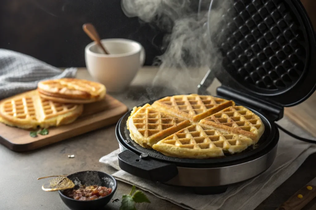 "A hot waffle iron cooking a waffle made using a no-milk waffle recipe, with golden edges forming."
