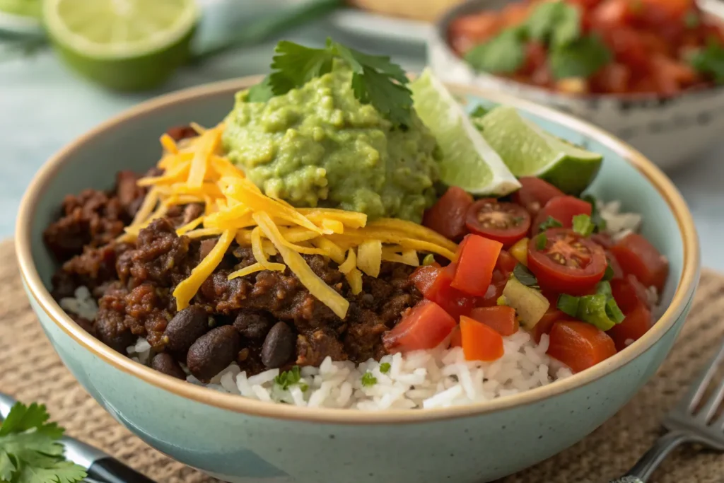  Fresh guacamole, cheese, and tomatoes as toppings on a ground beef burrito bowl.