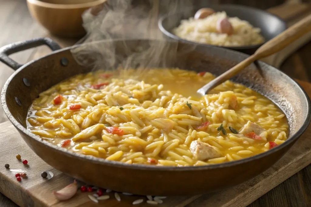 "Orzo pasta simmering in chicken broth with minced garlic in a large skillet."