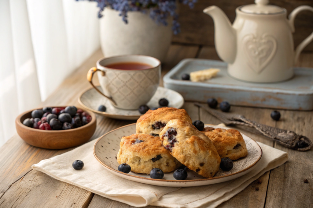 A plate of sourdough discard blueberry scones served with a cup of tea.