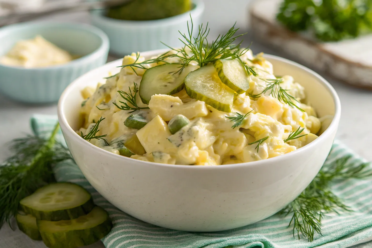 A creamy dill pickle egg salad in a white bowl, garnished with fresh dill, showcasing a mix of chopped eggs and crunchy pickles.