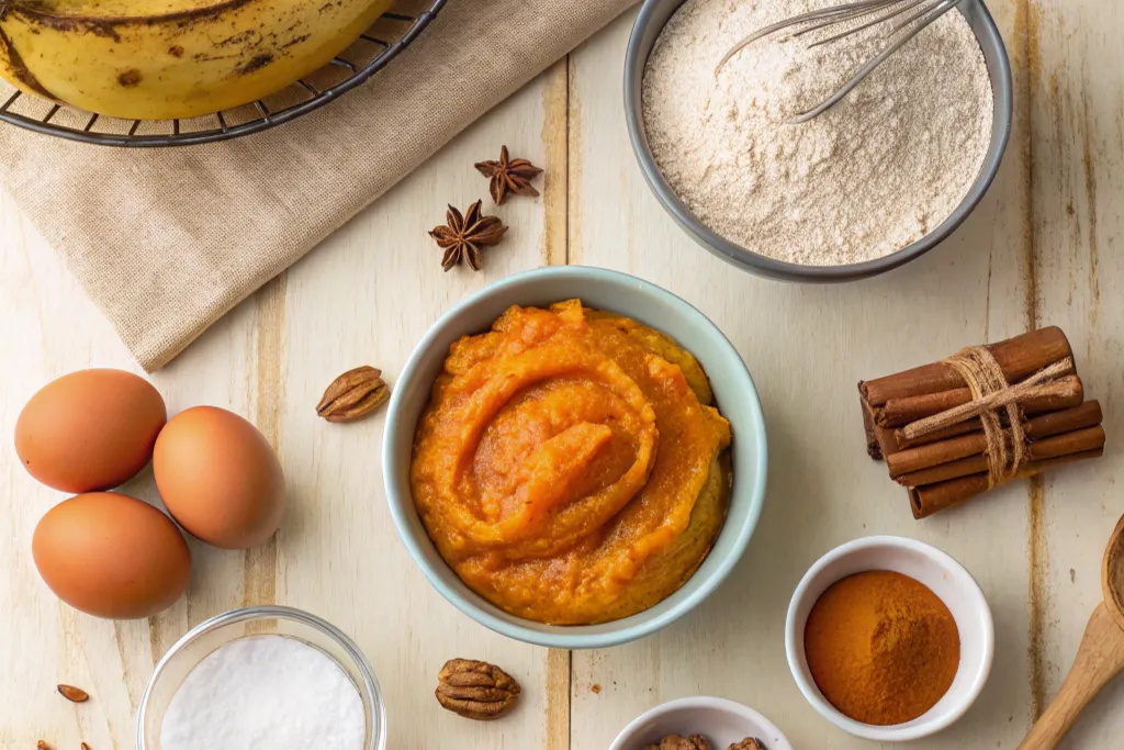 "Ingredients for healthy banana pumpkin muffins including bananas, pumpkin puree, eggs, flour, and spices"
