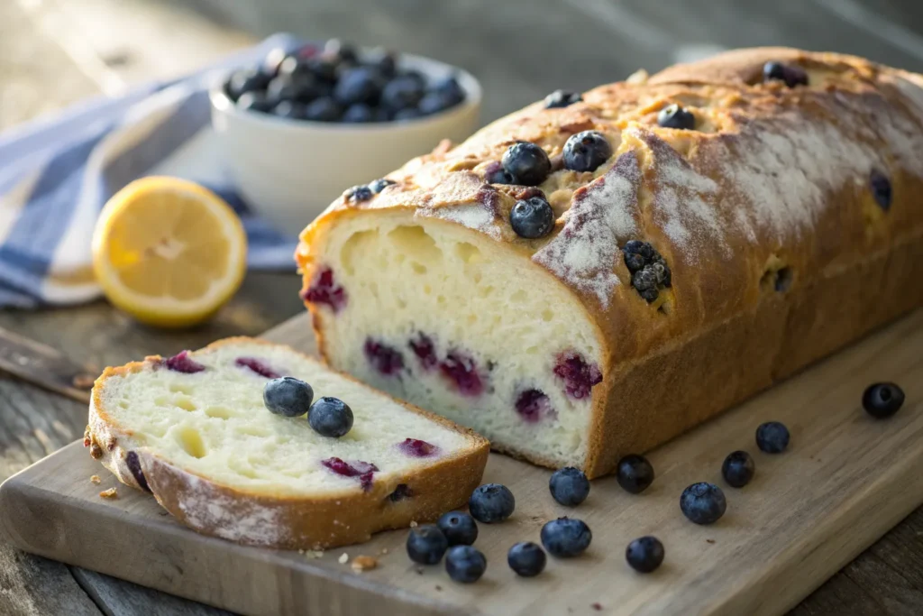 "A freshly baked lemon blueberry sourdough bread loaf with a golden crust and bursting blueberries."