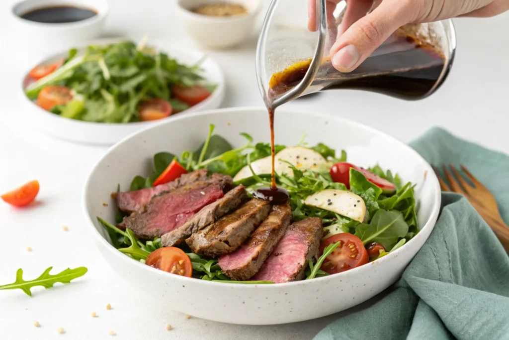 "A hand pouring balsamic vinaigrette over a steak arugula salad in a white bowl."
