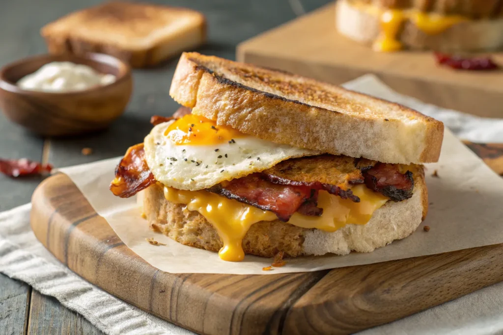 "Classic sourdough breakfast sandwich with crispy bacon, fried egg, and melted cheese"