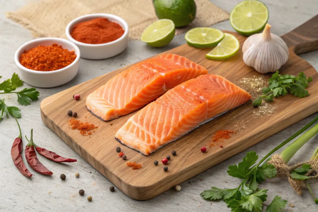 "Fresh salmon fillets on a wooden cutting board surrounded by chili powder, lime, garlic, and cilantro."
