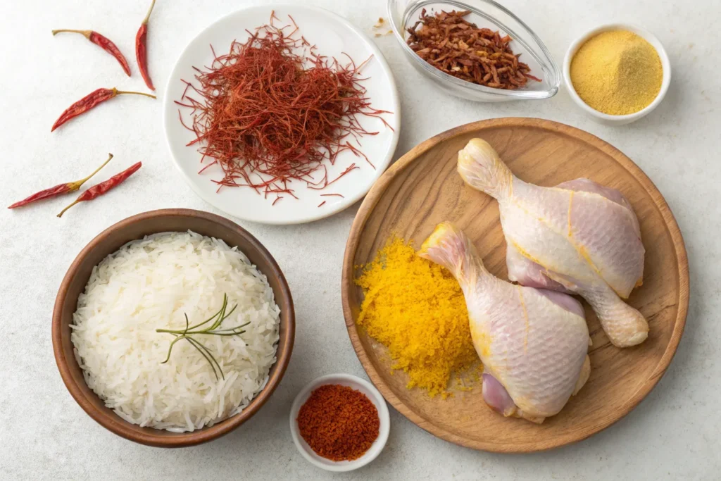 "Fresh ingredients for saffron chicken and rice, including chicken, rice, saffron, onions, and spices."
