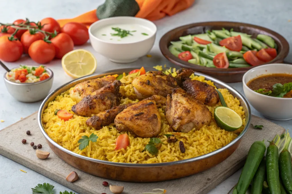 "A large platter of saffron chicken and rice surrounded by fresh vegetables and sides."