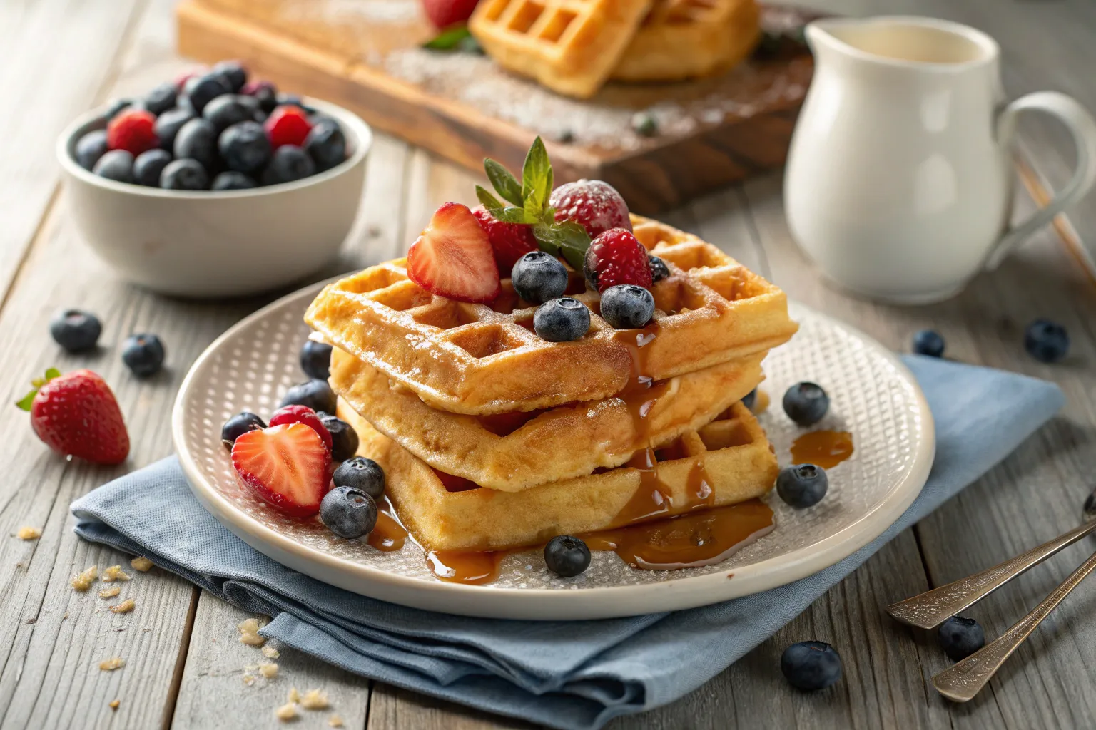 "A plate of golden, crispy waffles made using a waffle recipe with no milk, served with fresh fruit and syrup."