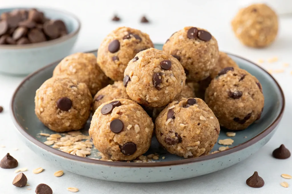 "A plate of homemade almond butter energy balls with oats and chocolate chips"