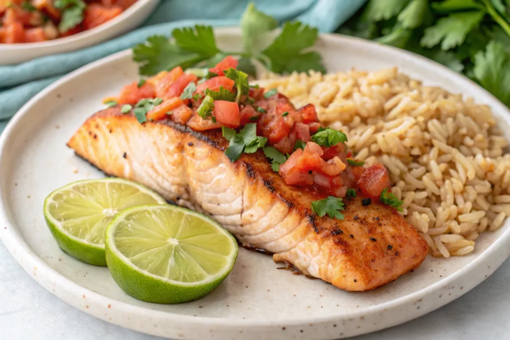 "A plate of Mexican salmon garnished with fresh cilantro, lime wedges, and a side of Mexican rice."